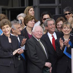 Benjamin Meed (center) at the Tribute to Holocaust Survivors: Reunion of a Special Family. Front row: Ruth Mandel, Elie Wiesel, Ben Meed, Fred Zeidman, and Sara Bloomfield. Washington, D.C., November 2003.