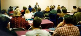 Our speakers make presentations to a large number of professional groups and associations throughout the United States. In this photo, Holocaust survivor and retired teacher Flora Singer shares her memories of the Holocaust during a special presentation to a conference of educators.