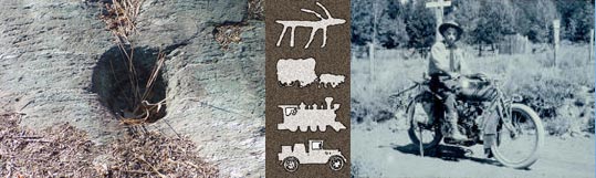 Collage of three images, showing a bedrock mortar, icons of a petroglyph, covered wagon, railroad engine, truck, and a photograph of an early motorcyclist.