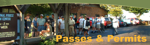 [Photo]:  Visitors line up outside the Information Center while waiting to get their permits.  2002 Kristi L. Schroeder, USFS.