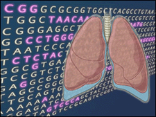 An illustration of the lungs with a DNA sequence in the background