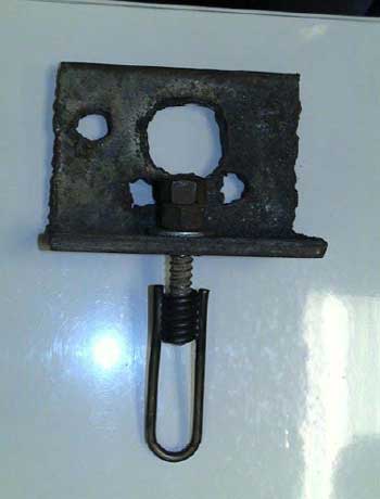 Attachment 7. New threaded insert with bolt attached to lifting device. Bolt & angle iron piece are from accident.