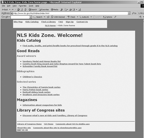 Kids Zone page: Youth-centered content on the NLS web site.