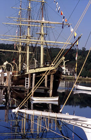 Picture of sailing vessel docked at the Mystic Seaport.