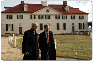 Secretary of the Interior Dirk Kempthorne is joined by James C. Rees, Executive Director of the Mount Vernon Estate and Gardens during announcement that the United States is nominating President George Washington’s Mount Vernon Estate and Gardens in Virginia and the Papahanaumokuakea Marine National Monument in Hawaii for inclusion on the World Heritage List.  [Photo by Tami Heilemann, NBC]