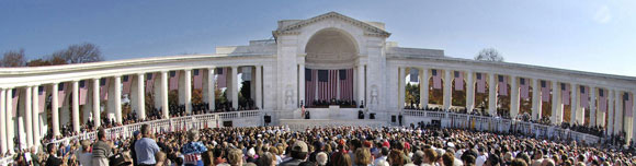 Wide-angle view of national Veterans Day ceremony at Arlington National Cemetery's Memorial Amphitheater