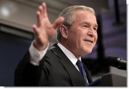 President George W. Bush holds a press conference Wednesday, Oct. 17, 2007, in the James S. Brady Press Briefing Room. "As we saw from the recent Nation's Report Card, the No Child Left Behind Act is getting results for America's children. Test scores are rising. The achievement gap is beginning to close," said President Bush. "And Congress should send me a bipartisan bill that reauthorizes and strengthens this effective piece of legislation." White House photo by Eric Draper