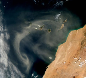 Satellite image: a dust storm off the coast of Morocco imaged by NASA's MODIS Aqua meteorological satellite 3-12-2009