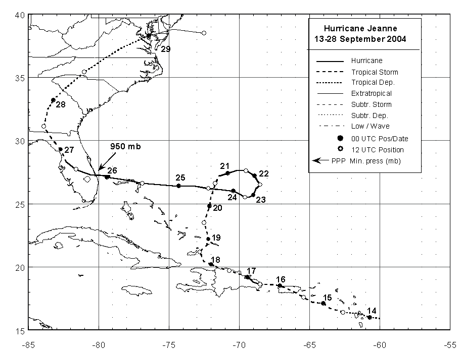 Best track positions for Hurricane Jeanne
