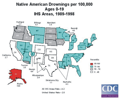 Map depicting Native American Drowning Deaths per 100,000, ages 0-19, IHS areas, 1989-1998