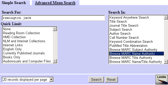 Search example for a personal name authority record using Remington Jack