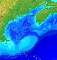 Digital bathymetry map of the Gulf of Maine. Photo Credit: Ed Roworth and Rich Signell of the U.S. Geological Survey (USGS).