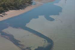 Spilled crude oil in river.