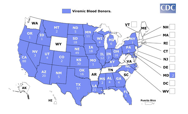 WNV U.S. Viremic Blood Donor Map