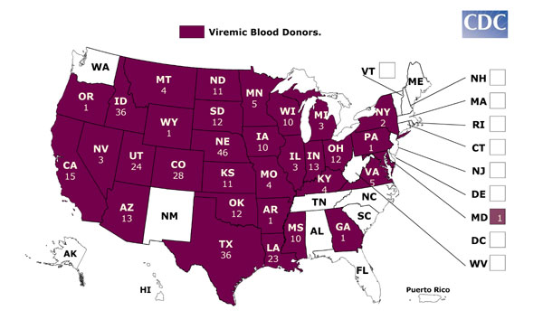 WNV U.S. Viremic Blood Donor Map