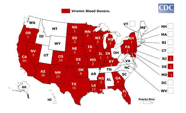 WNV U.S. Viremic Blood Donor Map 2004
