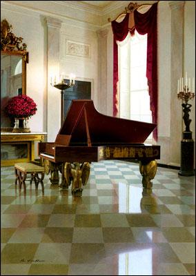 The 2002 greeting card for President and Mrs. Bush features the 1938 Steinway piano in the grand foyer of the White House. The artist is Zhen-Huan Lu.