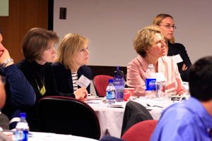 From the outset, the facilitator’s animated delivery kept her audience interested and attentive. Shown left to right are UNC Physics and Astronomy Postdoc Astrid Imig, Ph.D., NIEHS News Director Robin Mackar, Ann Green, of N.C. Sea Grant, and workshop organizer Tiffany Lohwater.