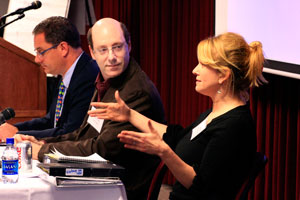 Shown left to right, Media Panel members Bates, Smith and Chickering fielded questions from the audience following their opening remarks. Each offered practical tips for creating a productive working relationship between scientists and reporters.