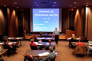 Rodbell Auditorium was transformed into an intimate learning venue for the “Rx for Science Literacy” workshops. Humble demonstrated several lessons from the NIH/NIEHS Explorations in Science and Human Health curriculum.