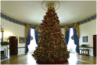 The Blue Room has long been the location of the official White House Christmas Tree. Ed and Cindy Hedlund and their son Thomas, of Hedlund Christmas Farm in Elma, Washington, presented this year's 18-foot noble fir to President George W. Bush and wife Laura Bush.