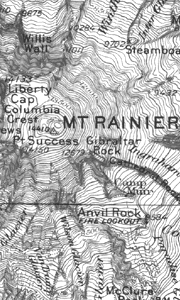A black and white section of a topographic map at 1:250,000-scale showing a section of Mt. 
Rainier area.