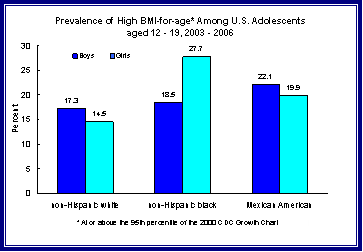 Figure 2 is a bar chart showing the prevalence of High Body Mass Index for age among adolescents 12 to 19, from 2003 through 2006
