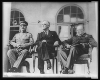 Roosevelt, Stalin, and Churchill on portico of Russian Embassy in Teheran