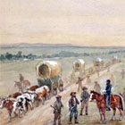 A painting of a wagon train and cavalry in front of a fort.