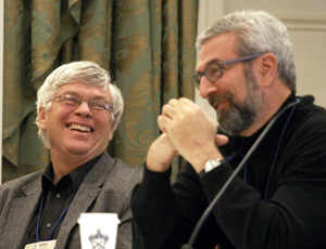 Moderators Gandalfi, left, and Finnell shared a laugh during the panel session. One outcome of the Colloquium for Finnell was his new awareness that “maybe we need to now add the epigenome” to his research approach.