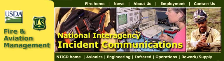 [Banner] US Department of Agriculture, Forest Service.  Photos of a hand held radio, an employee making adjustments to a radio equipment, and an employee using a hand held radio in the field.