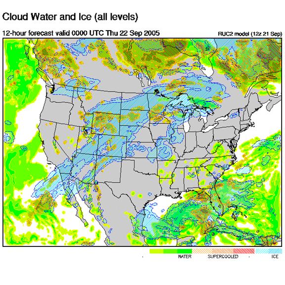 Continental U.S. in gray with model predictions of watervapor shown in green for water, tans and reds for supercool water vapor and blue for ice.