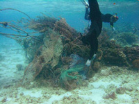 Image shows a mass of tangled nets on a coral reef and two divers in wet suits.