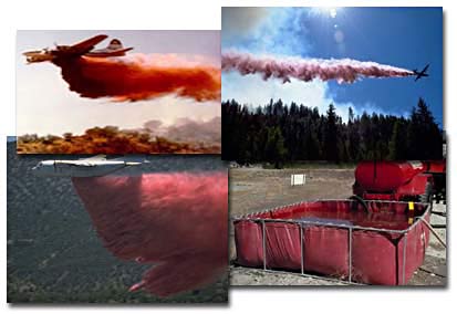 Photos of large multi-engine airtankers performing retardant drops and one photo of a portable water storage tank.