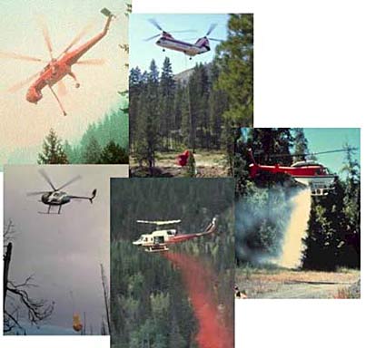 Pictures of various helicopters performing water and retardant chemical drops on fires.