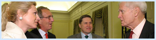 The Ambassador of the Russian Federation, Yury Ushakov (center), and Ambassador of the Netherlands Boudewign van Eenennaam and Mrs. van Eenennaam (left) talk with the Librarian after the Yevtushenko reading.