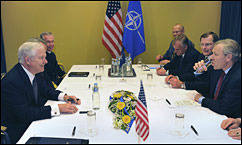 Defense Secretary Robert M. Gates meets with NATO Secretary General Jaap de Hoop Scheffer in Tallinn, Estonia, Nov. 12, 2008.  DoD photo by U.S. Air Force Tech. Sgt. Jerry Morrison