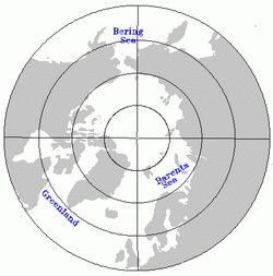 Map showing Bering Sea, Barents Sea, and Greenland