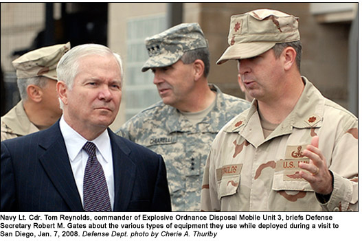 Navy Lt. Cdr. Tom Reynolds, commander of Explosive Ordnance Disposal Mobile Unit 3, briefs Defense Secretary Robert M. Gates about the various types of equipment they use while deployed during a visit to San Diego, Jan. 7, 2008.