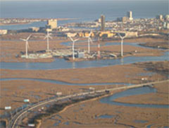Aerial view of a wind farm near NJ shoreline