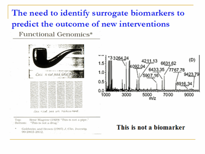 The need to identify surrogate biomarkers to predict the outcome of new interventions.  A picture of a pipe and mass spec numeric data are displayed with the caption: This is not a biomarker