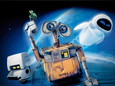 Wall-E holds a small plant as Eve zooms by