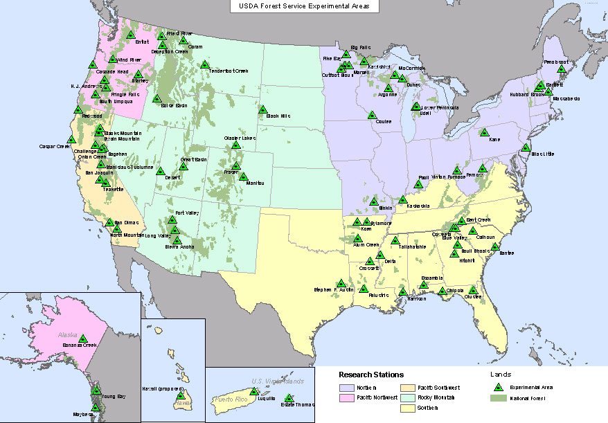 Map of United States showing the location of Experimental Forests and Ranges.