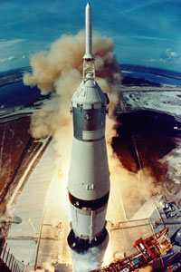 Fisheye view from the launch tower of the Apollo 11 Saturn V, seconds after first-stage ignition on July 16, 1969.