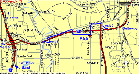 Map showing path from Seattle-Tacoma International Airport Terminal to Northwest Mountain Regional Office.