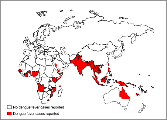 Areas of dengue fever cases reported in 2005, eastern hemisphere