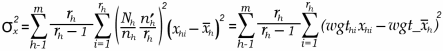Equation for the estimated variance, (sigma sub x)squared, of a stratified sample