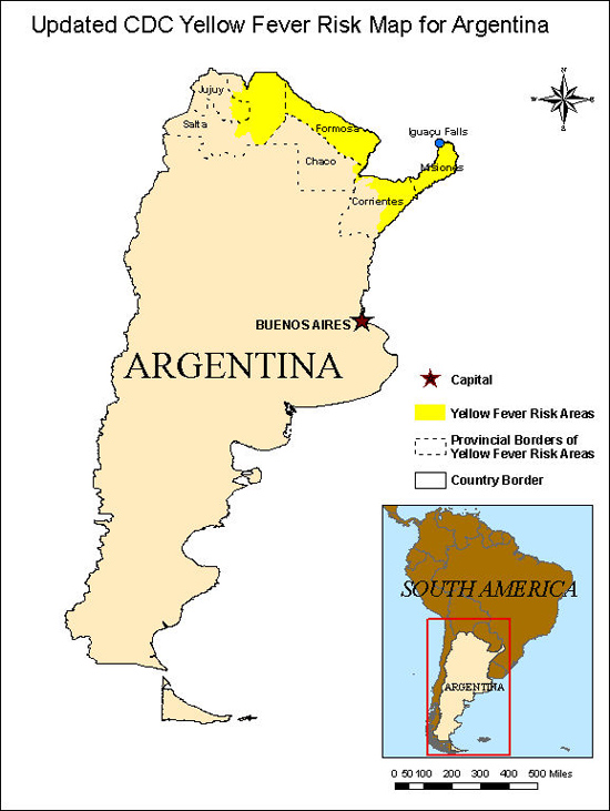Map of Argentina with yellow fever risk area highlighted