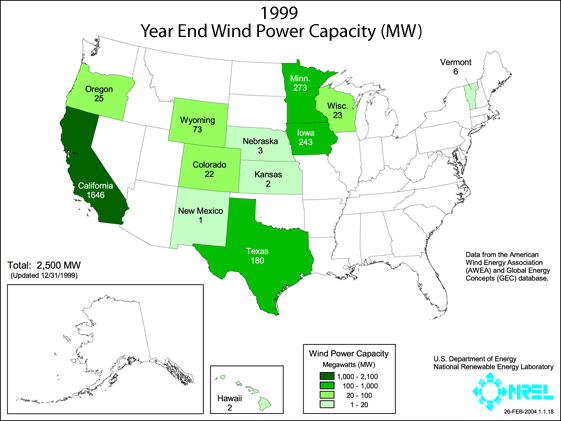An animated image showing how installed wind capacity has increased across the United States between 1999 and 2007.