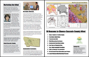 An image of the Cascade County Wind Power brochure, which includes information about wind developer outreach, anemometer assistance, financial assistance, the permitting process, transmission, community outreach, and more. It also lists the top 10 reasons to choose Cascade County wind: class 4 wind in 1/3 of the county; free value-added maps; transmission hub; wind measuring assistance; commercial-scale data archive; free tours of potential sites; easy, understandable permitting; links to financial, tax incentives; on-the-ground team advocating your project; award-winning wind marketing program.